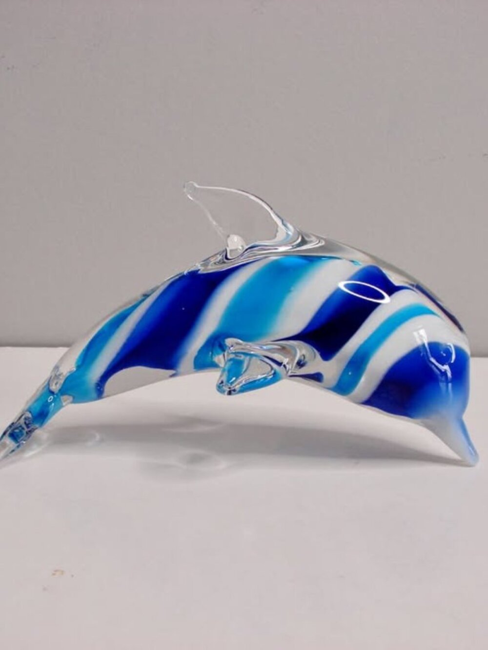 Art Glass Dolphin Figurine Paperweight Blue White Swirl Stripes Murano Style